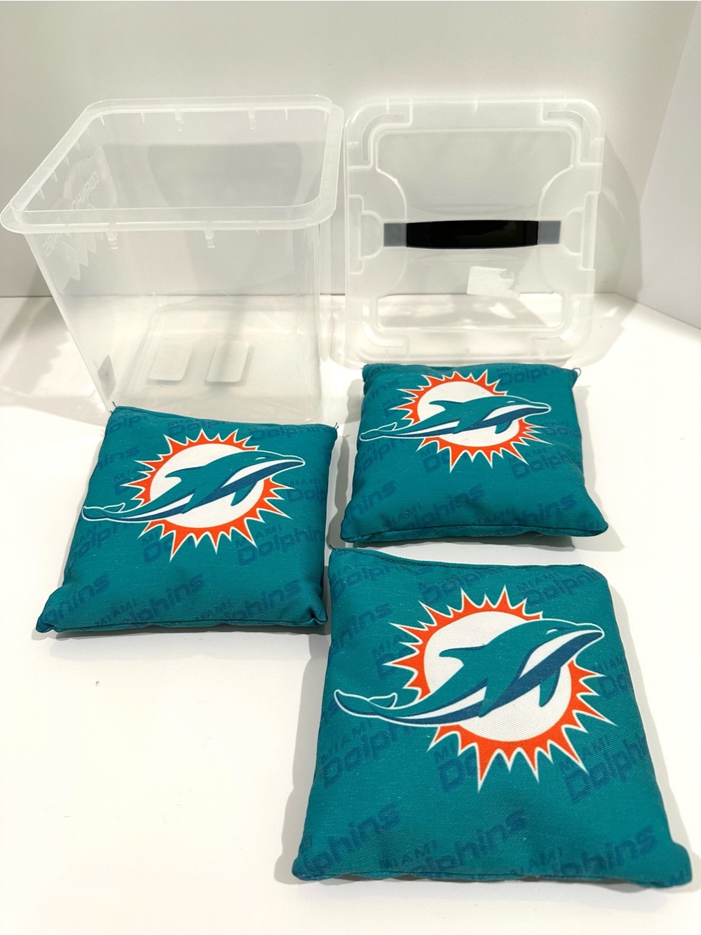 New Set Of 3 NFL Miami Dolphins Replacement Cornhole Bags w Storage Box